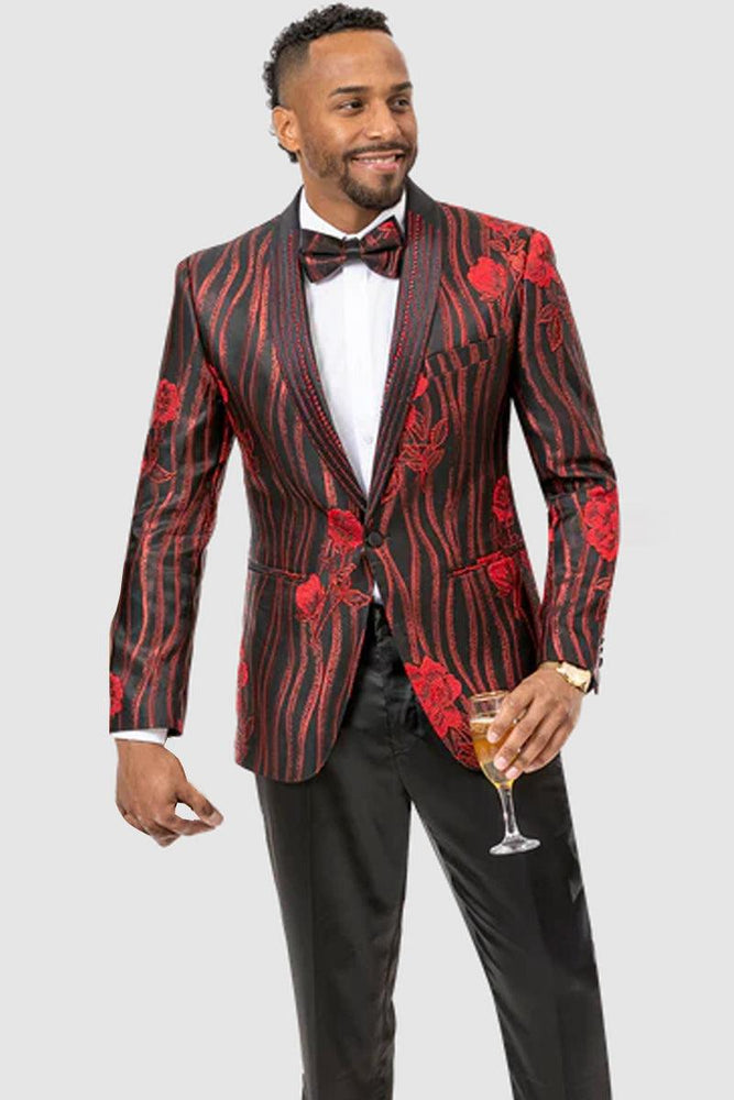 Men's EJ Samuel Tux w/ Floral & Wave Patterns, Red & Black - USA Men's Outlet