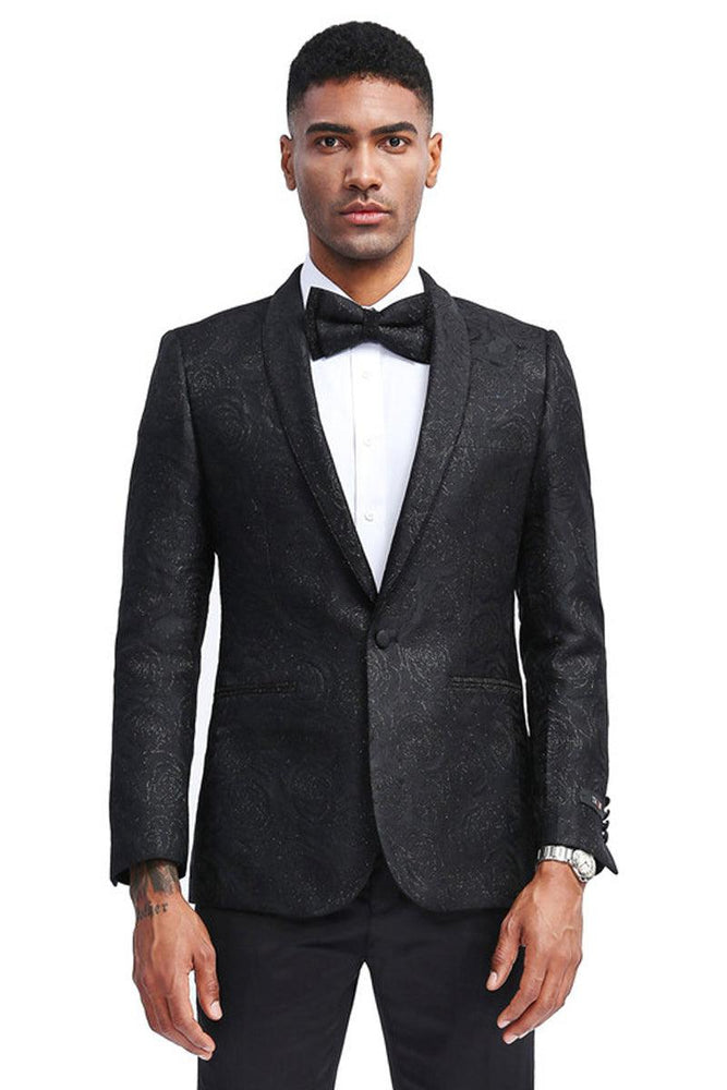 Men's Elegant Tazio Slim Fit Black Paisley Dinner Jacket - USA Men's Outlet