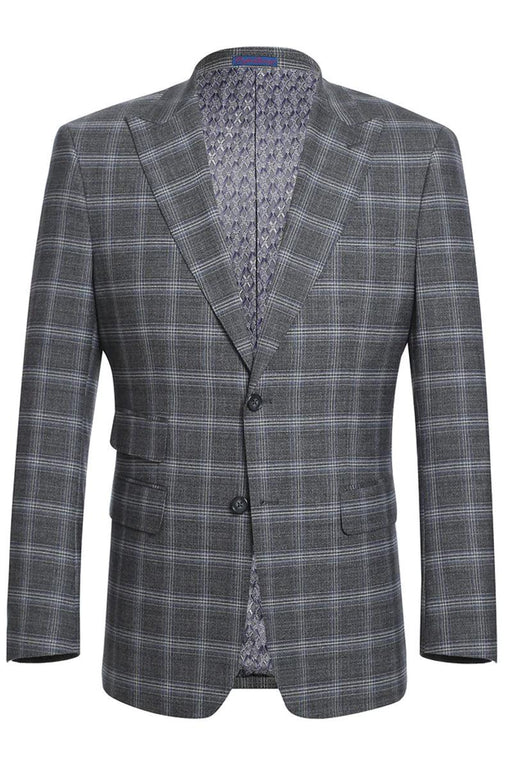 Men's English Laundry 2-Button Slim-Fit Suit w/ Peak Lapels & Ticket Pocket | Grey Blue Windowpane Plaid - USA Men's Outlet