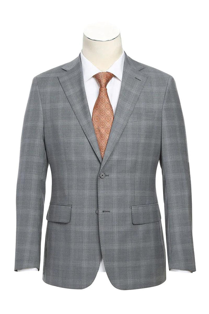 Men's English Laundry Wool Suit: Slim Fit Notch Lapel Windowpane Plaid, Light Grey - USA Men's Outlet