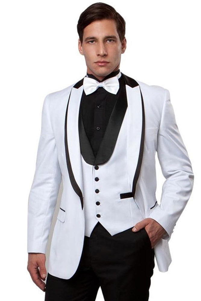 Men's Fancy White Tuxedo w/ Peak Lapel & Satin Trim - Bryan Michaels - USA Men's Outlet