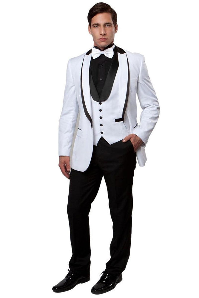 Men's Fancy White Tuxedo w/ Peak Lapel & Satin Trim - Bryan Michaels - USA Men's Outlet