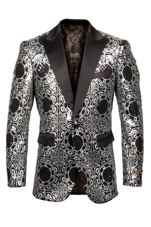 Men's Geometric Silver Tux Jacket w/Shiny Diamond Print - Empire - USA Men's Outlet