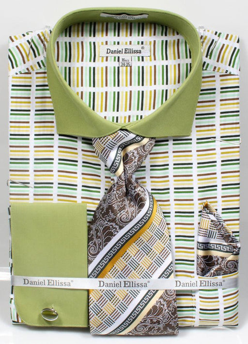 Men's Green Multi Stripe Shirt & Tie Set by Daniel Ellissa | Classy Spread Collar & Contrast Cuffs - USA Men's Outlet