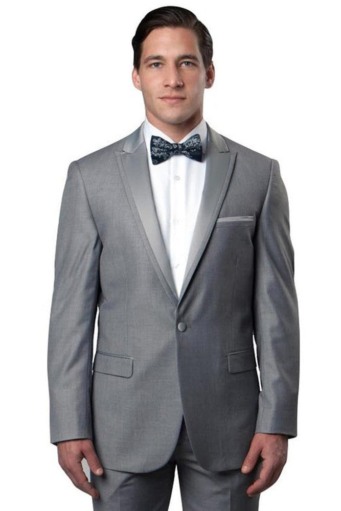 Men's Grey Bryan Michaels Slim Fit 1-Btn Satin Trim Peak Lapel Tuxedo for Prom & Weddings - USA Men's Outlet