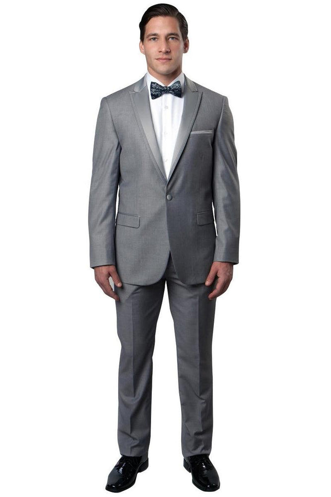 Men's Grey Bryan Michaels Slim Fit 1-Btn Satin Trim Peak Lapel Tuxedo for Prom & Weddings - USA Men's Outlet