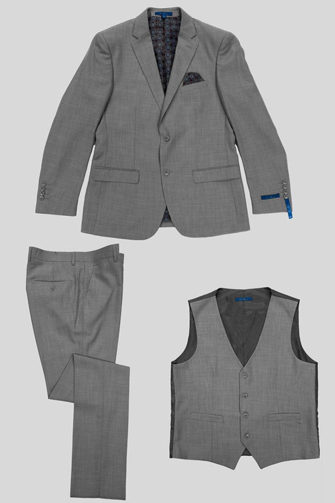 Men's Grey Sean Alexander Vested Two-Button Sharkskin Hybrid Suit: Business & Wedding Perfection - USA Men's Outlet