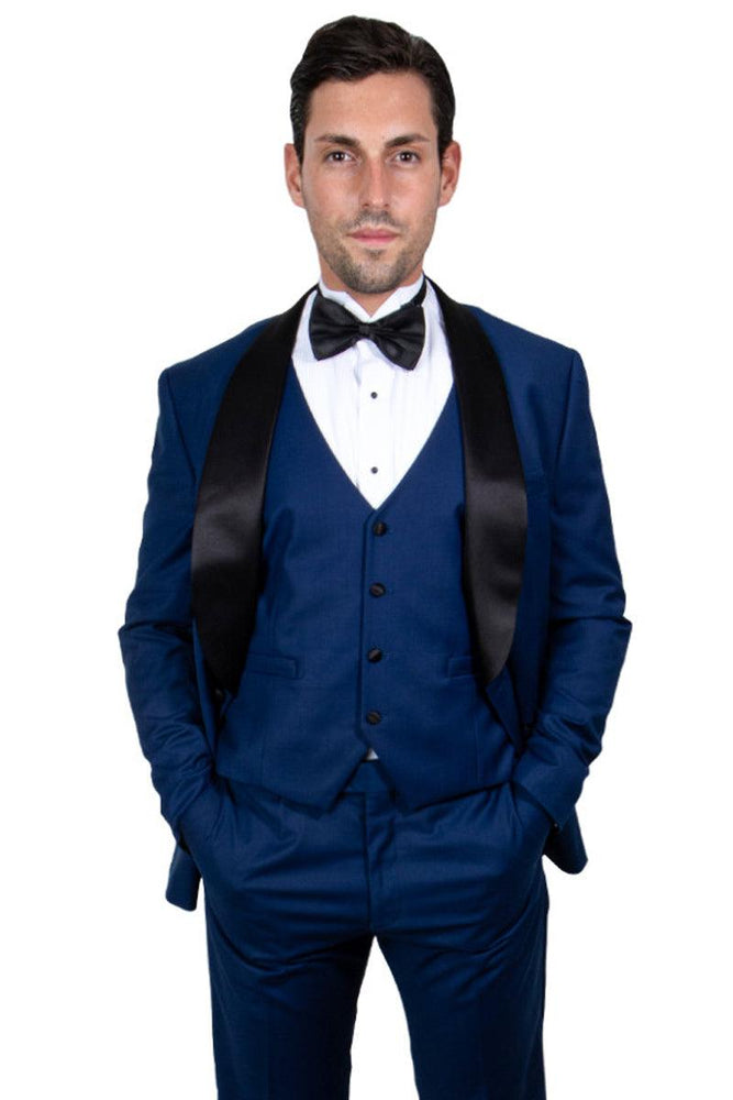 Men's Indigo Blue Stacy Adams Vested 1-Btn. Shawl Lapel Tuxedo - USA Men's Outlet