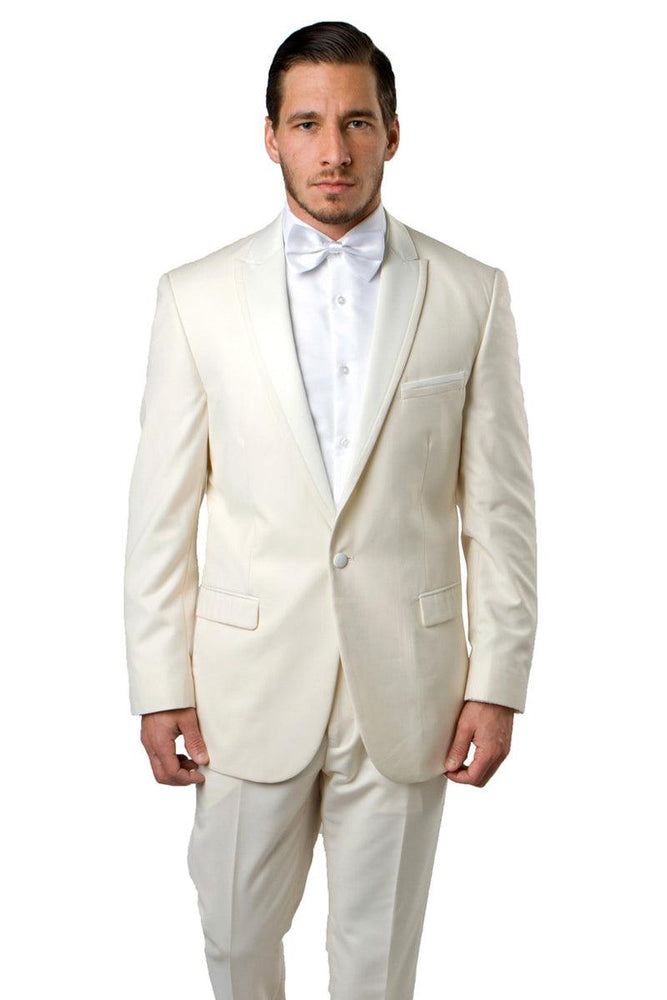 Men's Ivory Bryan Michaels Prom & Wedding Tuxedo with Slim Fit, One Button Satin Trim Peak Lapel - USA Men's Outlet