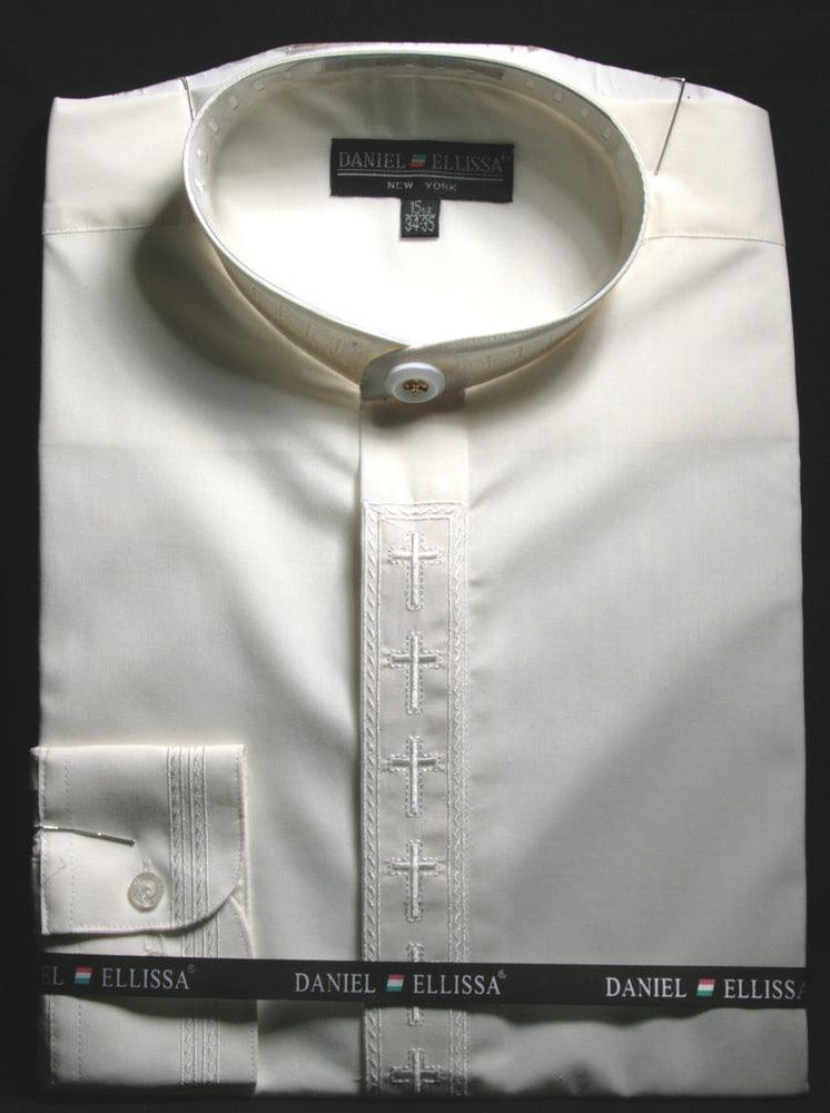 Men's Ivory Dress Clergy Shirt: Cross Embroidered Band Collar by Daniel Ellissa - USA Men's Outlet