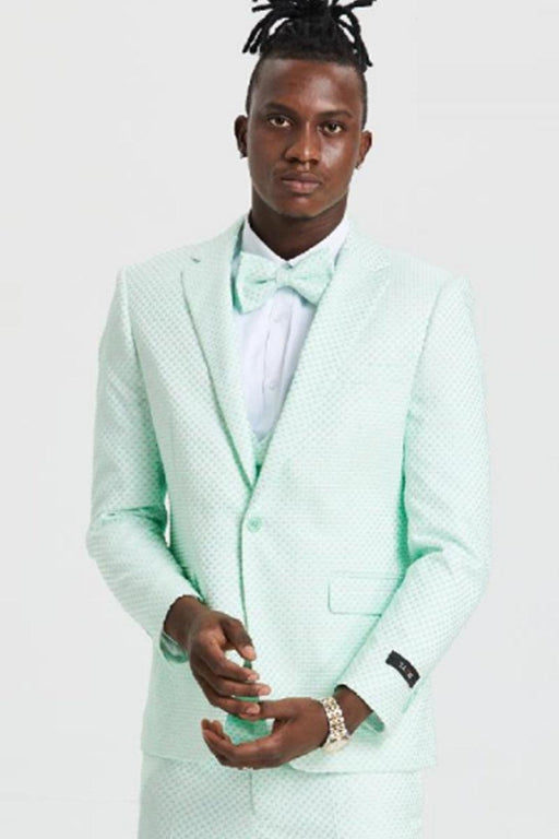 Men's Mint Green Polka Dot Tazio 1-Button Suit - Double Breasted Vest Notch Lapel Totally Prom Ready - USA Men's Outlet