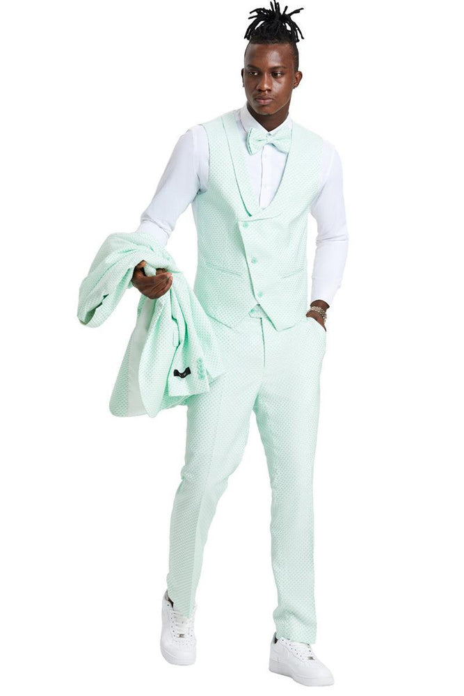 Men's Mint Green Polka Dot Tazio 1-Button Suit - Double Breasted Vest Notch Lapel Totally Prom Ready - USA Men's Outlet