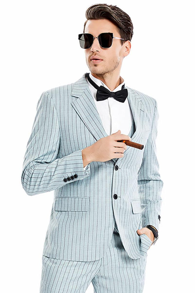 Men's Mint Grey Tazio Pinstripe Two-Button Vest Suit with Wide Notch Lapel - USA Men's Outlet