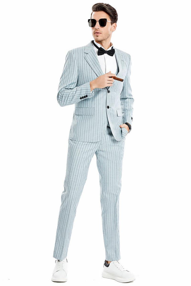 Men's Mint Grey Tazio Pinstripe Two-Button Vest Suit with Wide Notch Lapel - USA Men's Outlet