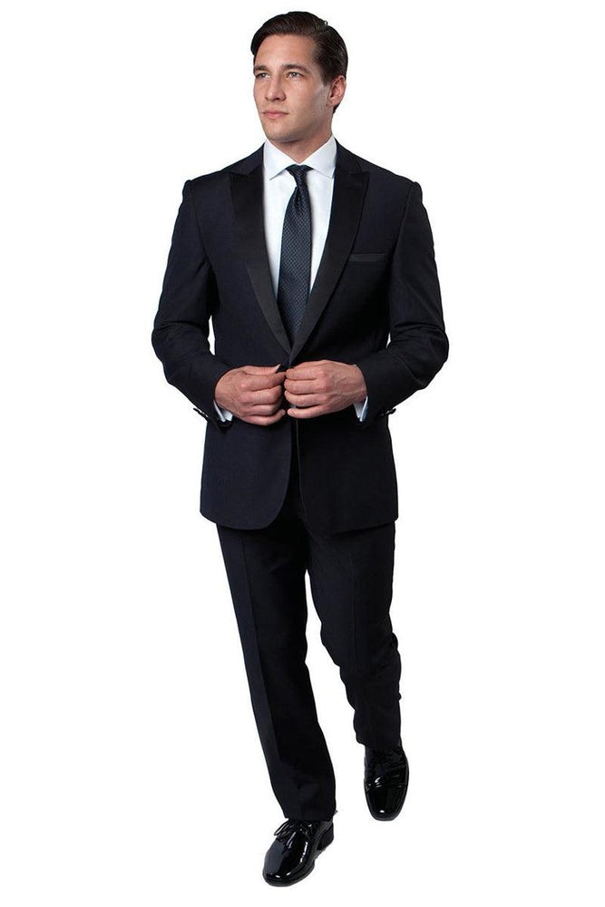 Men's Navy Blue Bryan Michaels Slim Fit 1-Btn Peak Lapel Wedding Tuxedo - USA Men's Outlet