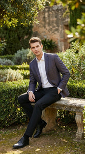 Men’s Navy Blue Plum Burgundy and Gold Jacquard Blazer – Elegant Two Button Formal Dinner Jacket Sport Coat Paisley Floral