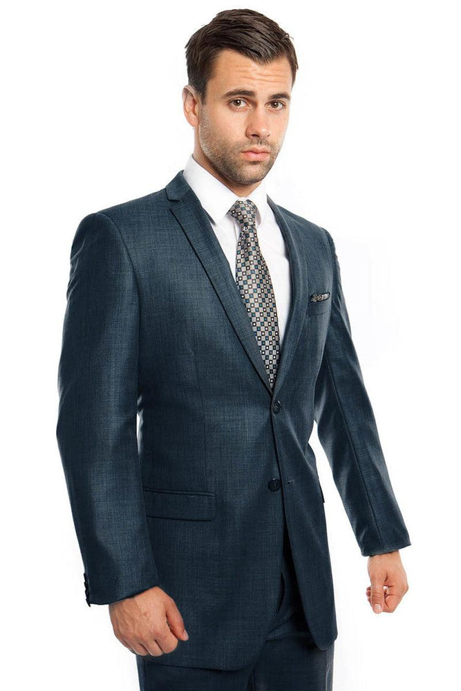 Men's Navy Blue Tazio Sharkskin Suit: Slim Fit, Shiny & Textured - USA Men's Outlet