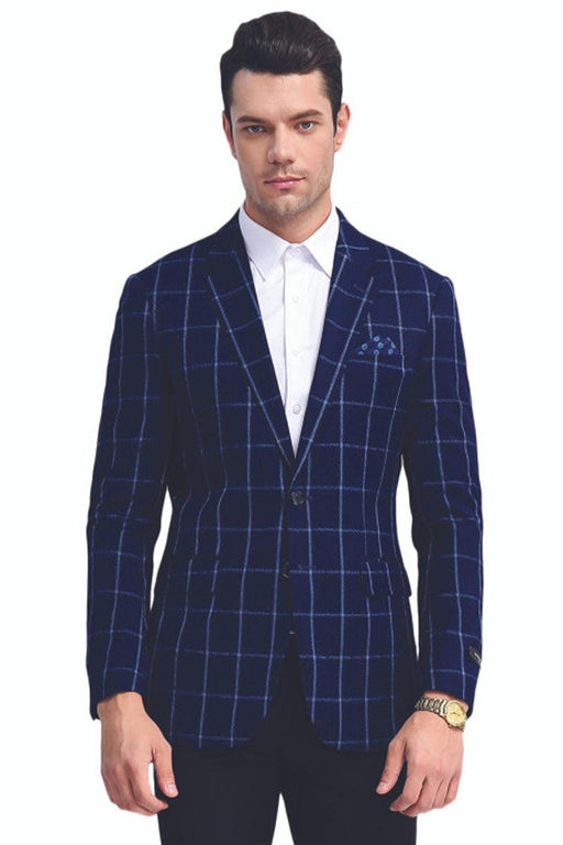 Men's Navy Blue Tazio Sport Coat: Slim Fit, 2-Button, Chalk Bold Windowpane - USA Men's Outlet