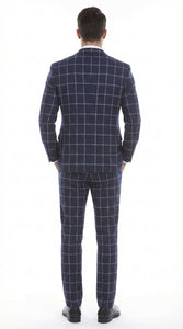 Men’s Navy Blue Windowpane Check Three Piece Suit – Modern Plaid Formal Vested Suit