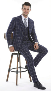 Men’s Navy Blue Windowpane Check Three Piece Suit – Modern Plaid Formal Vested Suit