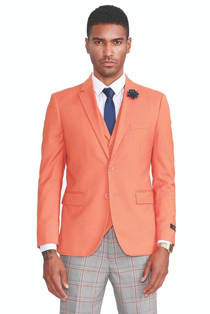 Men's Orange Summer Vested Suit w/ Orange & Grey Plaid Pants | 40R | Sean Alexander - USA Men's Outlet