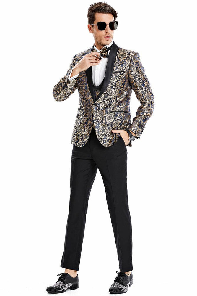 Men's Paisley-Print Navy Shawl Tuxedo by Tazio: Perfect for Proms & Weddings. - USA Men's Outlet