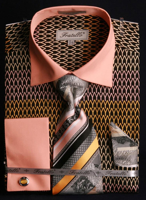 Men's Premium Arch Pattern French Cuffs Shirt & Tie Combo - Black & Gold by Daniel Ellissa - USA Men's Outlet