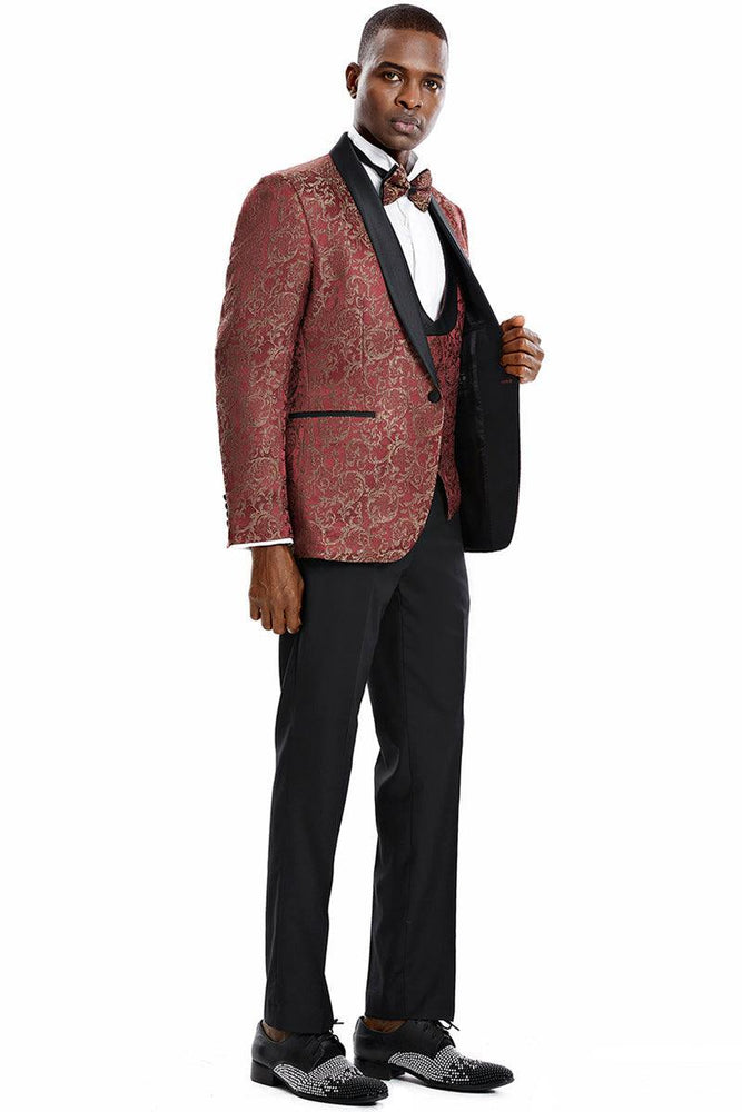 Men's Red & Gold Paisley One-Button Vested Tuxedo by Tazio for Prom & Weddings - USA Men's Outlet