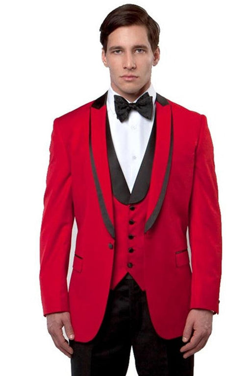 Men's Red Bryan Michaels Fancy Tuxedo w/ Satin-Trimmed Peak Lapel & Single Button Vest - USA Men's Outlet