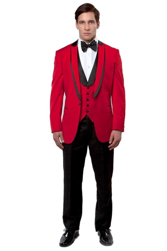 Men's Red Bryan Michaels Fancy Tuxedo w/ Satin-Trimmed Peak Lapel & Single Button Vest - USA Men's Outlet