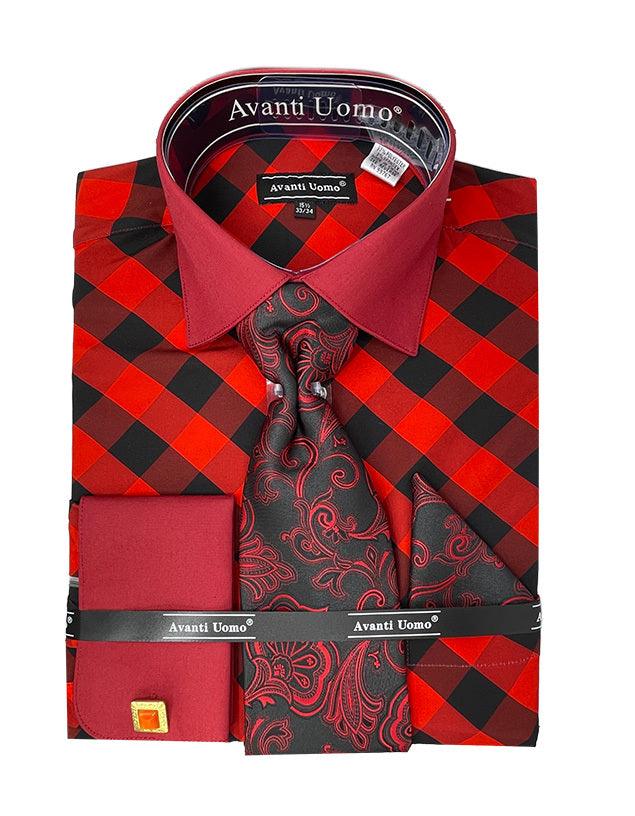 Men's Red Check Dress Shirt Set w/ Contrast Collar & French Cuffs - Daniel Ellissa - USA Men's Outlet