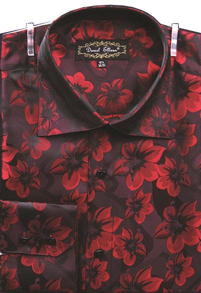 "Men's Regular Fit Tonal Floral Pattern Sports Shirt by Daniel Ellissa - Burgundy" - USA Men's Outlet