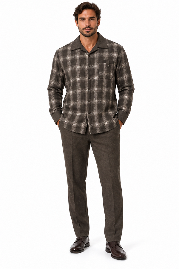 Mens Earth-Tone Plaid Prestige Walking Suit – Patterned Shirt & Olive Drab Pants
