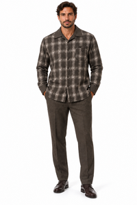 Mens Earth-Tone Plaid Prestige Walking Suit – Patterned Shirt & Olive Drab Pants