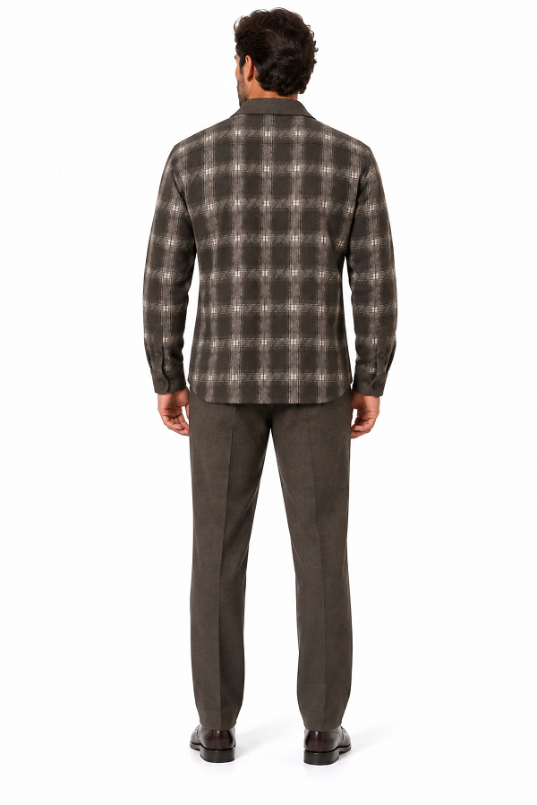Mens Earth-Tone Plaid Prestige Walking Suit – Patterned Shirt & Olive Drab Pants