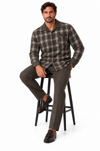 Mens Earth-Tone Plaid Prestige Walking Suit – Patterned Shirt & Olive Drab Pants