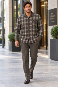 Mens Earth-Tone Plaid Prestige Walking Suit – Patterned Shirt & Olive Drab Pants