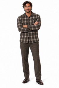 Mens Earth-Tone Plaid Prestige Walking Suit – Patterned Shirt & Olive Drab Pants