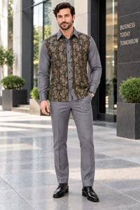 Mens Graphite Grey Regal Mosaic Walking Suit – Ornate Shirt & Matching Pants