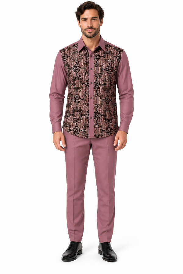 Mens Mauve Mosaic Elegance Walking Suit – Patterned Shirt & Matching Pants