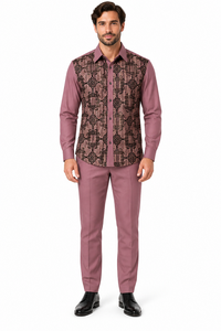 Mens Mauve Mosaic Elegance Walking Suit – Patterned Shirt & Matching Pants