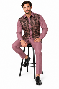 Mens Mauve Mosaic Elegance Walking Suit – Patterned Shirt & Matching Pants