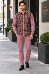 Mens Mauve Mosaic Elegance Walking Suit – Patterned Shirt & Matching Pants