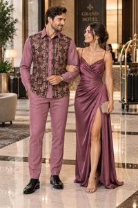 Mens Mauve Mosaic Elegance Walking Suit – Patterned Shirt & Matching Pants