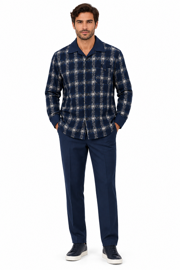 Mens Midnight Navy Heritage Plaid Walking Suit – Long Sleeve Shirt & Matching Pants
