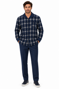 Mens Midnight Navy Heritage Plaid Walking Suit – Long Sleeve Shirt & Matching Pants