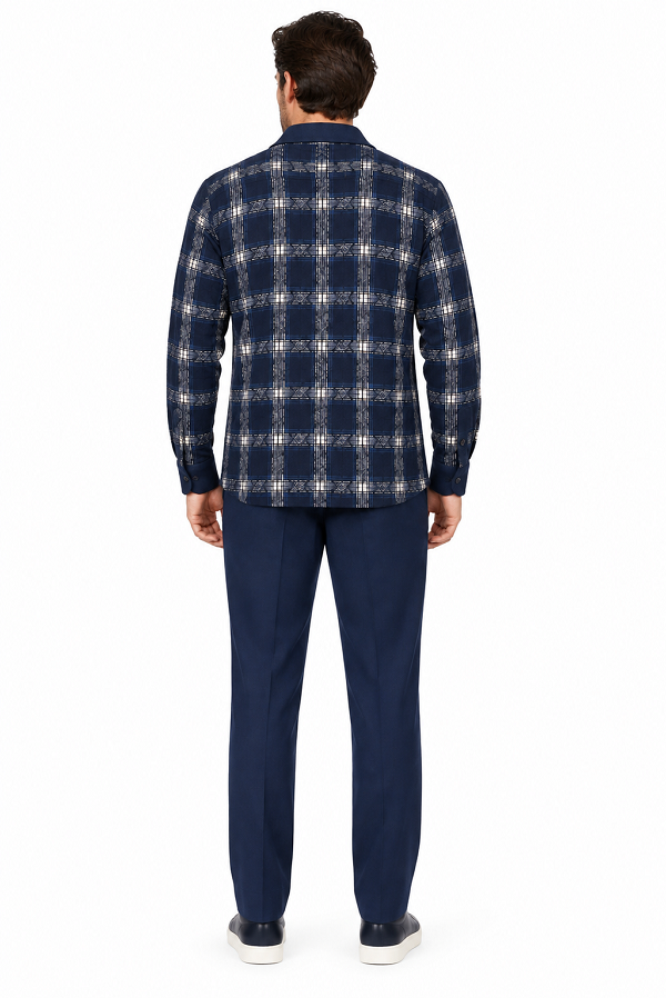 Mens Midnight Navy Heritage Plaid Walking Suit – Long Sleeve Shirt & Matching Pants