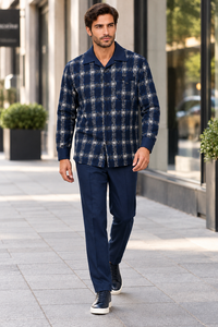 Mens Midnight Navy Heritage Plaid Walking Suit – Long Sleeve Shirt & Matching Pants