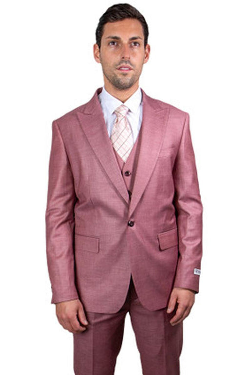 Men's Salmon Pink Peak Lapel One-Button Stacy Adams Sharkskin Suit - USA Men's Outlet