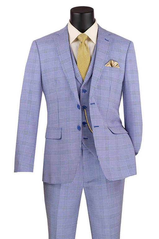 Men's Sky Blue Glen Plaid Vested Business Suit – Vinci Slim Fit Summer - USA Men's Outlet